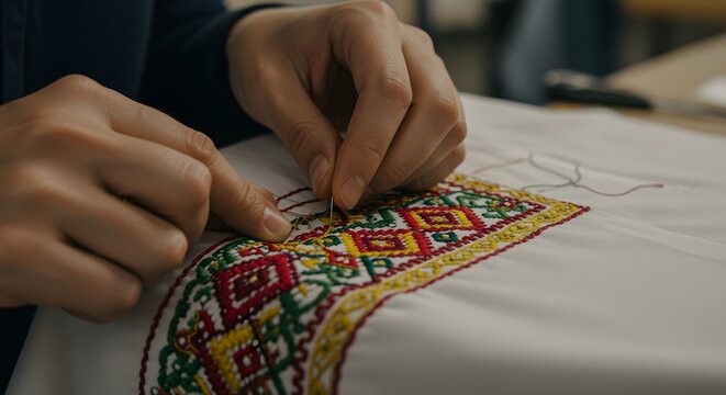 Close-up video of hands skillfully embroidering intricate patterns onto a fabric shirt,