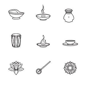 Puja Ritual Items Line Art Icon Set.. A minimalist vector icon set of puja items, rendered in monochrome line art. 