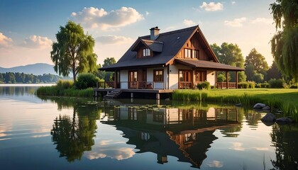 Obraz premium Lakeside cabin at sunset