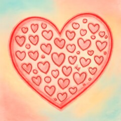 Watercolor art featuring a large red heart adorned with many smaller hearts, presented on a soft, blended pastel background, perfect for themes of love, romance, and affection