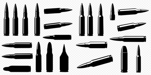 A collection of various bullet and cartridge vector illustrations and silhouettes on a transparent background.