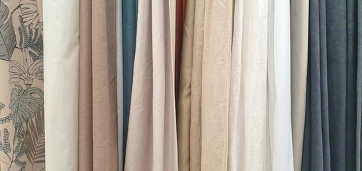 Curtains assortment in the home decor store. New high-quality curtains goods. Fabric store. Interior design. Sale and purchase of curtains and drapes. Curtains assortment. Fabrics of different colors