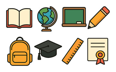 Colorful school icons: book, globe, chalkboard, pencil, backpack, graduation cap, ruler, certificate
