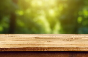 Empty wooden desk top with green tree background.