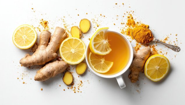 Fresh ginger, lemon, and turmeric tea