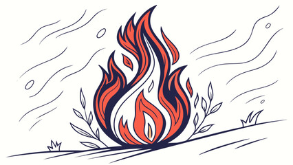 Illustration of stylized fire flames with surrounding foliage and abstract wind lines design