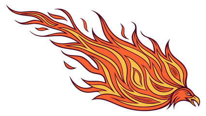 Illustration of a phoenix in flight with vibrant orange and yellow flames emanating from its body and tail