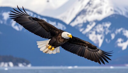 Obraz premium Majestic bald eagle soaring over snow-capped mountains and a serene blue water landscape