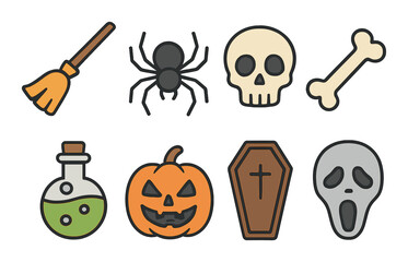 Halloween icons featuring broom, spider, skull, bone, potion, pumpkin, coffin, ghost