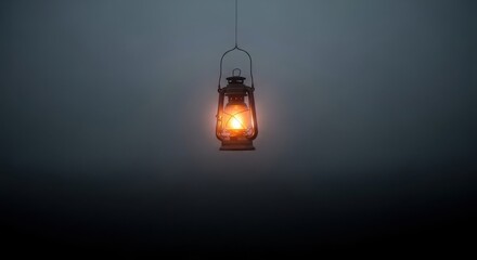 An old kerosene lantern hangs in the darkness, its warm light illuminating the foggy atmosphere, creating a sense of mystery and nostalgia