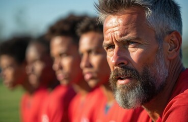 Coach intently observing athletes during outdoor field training. Focused team, young players in red shirts, learn tactics, strategy. Sunshine enhances dedication, teamwork, skill improvement.