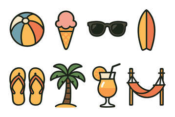 Summer fun icons: beach ball, ice cream, sunglasses, surfboard