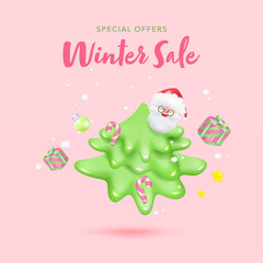 Merry Christmas and happy new year 3d with cute santa claus and gift box and stick candy cane  decoration for christmas.