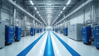 Modern industrial water treatment plant interior features advanced filtration, purification systems. Blue, white units, metallic piping, bright overhead lighting illuminate clean, spacious facility.