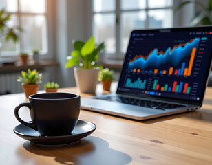 Black coffee cup laptop financial chart wooden desk sunlight green plant modern office productivity