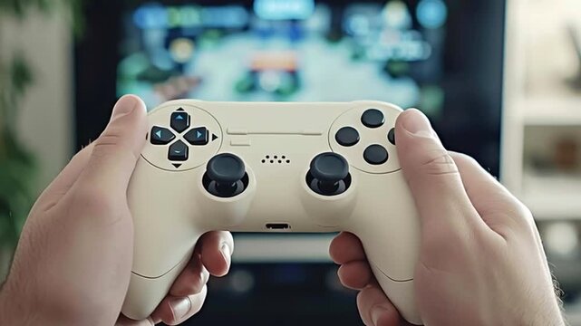 Hands holding a white controller playing a videogame on a big screen