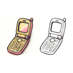 A detailed hand-drawn sketch of a retro flip phone, presented in both a vibrant color and a simple line art style for coloring