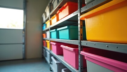 Organized garage shelves stacked with colorful plastic storage bins in neat rows. Various containers in bright colors like orange, yellow, blue, pink help maintain clutter-free environment, showing
