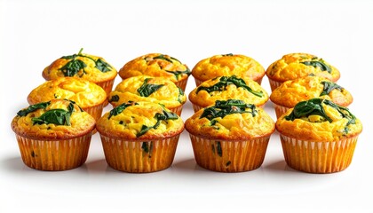 Freshly baked savory spinach and cheese egg muffins arranged in rows on a clean white background.