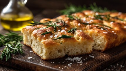 Freshly baked focaccia bread topped rosemary and sea salt golden crust rustic wooden background