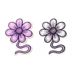 A set of hand-drawn flower stickers, featuring a purple version and a black and white monochrome outline. Cute floral doodle illustration with a sketchy texture, isolated vector elements