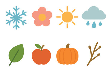 Seasonal icons: snowflake, flower, sun, cloud, leaf, apple, pumpkin, branch