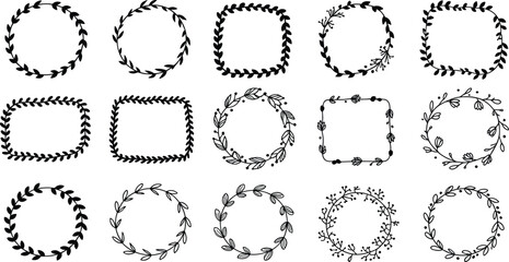 Hand drawn floral frame, decorative leaf border, botanical wreath, round and square outline, nature ornament, vintage vector illustration