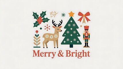 Fototapeta premium Festive Christmas Card Design with Reindeer Tree and Nutcracker Wishing Merry and Bright Season