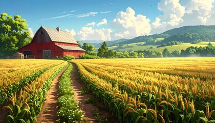 A picturesque rural landscape features a vibrant red barn nestled within a golden field of tall crops, bathed in warm sunlight, with rolling hills and a clear sky overhead.