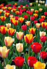 Obraz premium Vibrant tulips in full bloom, showcasing a spectrum of colors in a lush garden setting, floral, petals, detail