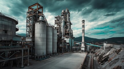 Fototapeta premium Towering silos and pipes loom over a factory under a stormy, moody sky. The scene captures industry, scale, and raw, gritty realism. Construction business, industry.