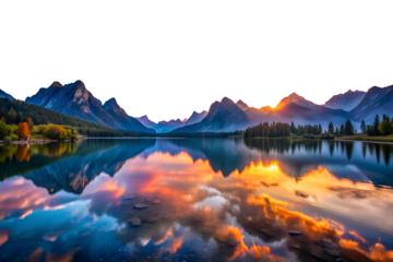 A vibrant sunrise casts a golden glow over a majestic mountain range, with a perfect mirror reflection in the calm, serene alpine lake below
