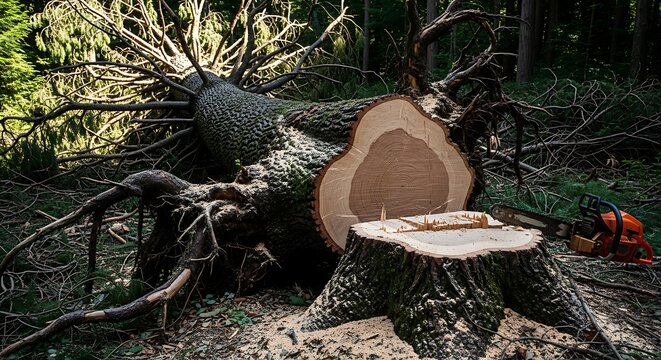 Fallen Tree with Forest Logging, and Chainsaw.