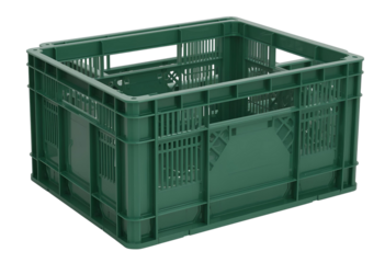 Durable green plastic storage crate for transport, packaging, and storage