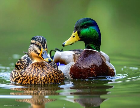 pareja de &aacute;nades reales (Anas platyrhynchos) flotando juntos en el agua. En primer plano, el macho con el cuello verde iridiscente, pico amarillo y plumaje marr&oacute;n y gris con franja azul en las alas.