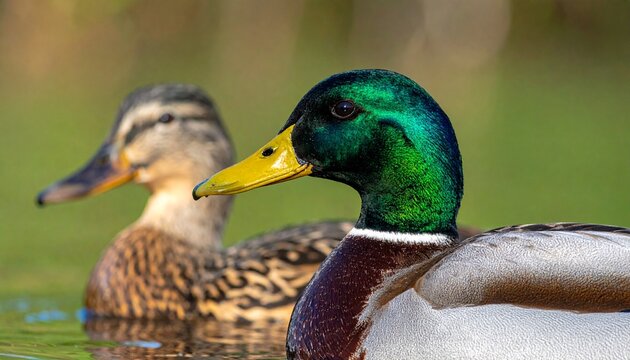 pareja de &aacute;nades reales (Anas platyrhynchos) flotando juntos en el agua. En primer plano, el macho con el cuello verde iridiscente, pico amarillo y plumaje marr&oacute;n y gris con franja azul en las alas.