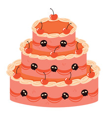 Cute Halloween cake with skulls and red cherries. Flat vector illustration.