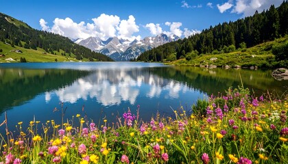 Serene alpine lake reflecting a vibrant sky. Lush wildflowers border a tranquil body of water nestled amongst majestic mountains