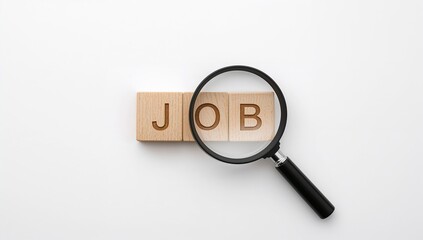 Wooden cubes with printed word job and a magnifying glass on white background generative AI