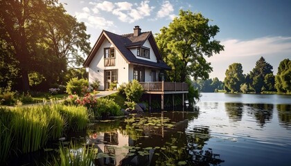 Obraz premium Lakeside cottage on a sunny day