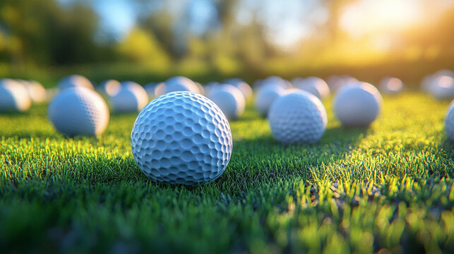 Close-up 3D render of multiple golf balls grouped together. White dimpled surfaces with realistic texture and detail, arranged against a clean minimal background.