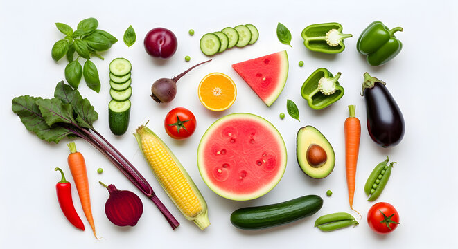 Flat Lay Composition of Vibrant Fresh Fruits and Vegetables on White Backdrop