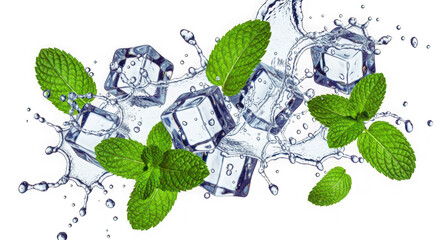Ice cubes and mint leaves isolated on transparent background with splash