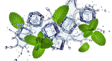Ice cubes and mint leaves isolated on transparent background with splash