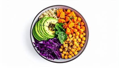 Colorful Vegan Buddha Bowl with Quinoa, Avocado, Sweet Potato, Chickpeas, Cabbage, Spinach on White