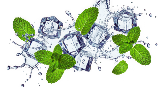 Ice cubes and mint leaves isolated on transparent background with splash