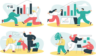 Diverse team collaborating on data charts, creative teamwork, modern office environment, business analytics, productive work, innovative solutions, team discussion, success