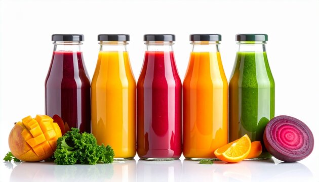 Vibrant bottles of fresh fruit and vegetable juices with ingredients on white background