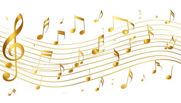 Golden musical notes on wavy lines