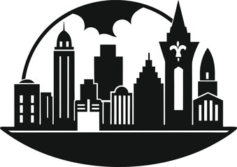 Obraz premium Monochromatic Silhouette of a Cityscape with Varied Architectural Styles Set Under a Curved Archway and a Cloudlike Shape